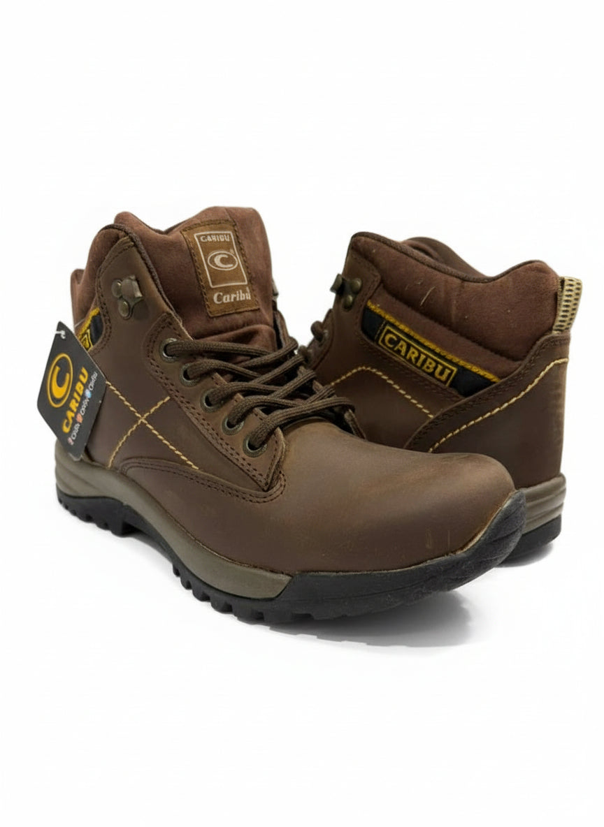 Men's Work Boots Caribu E-385 Crazy Cafe Leather Work Boots Round Toe